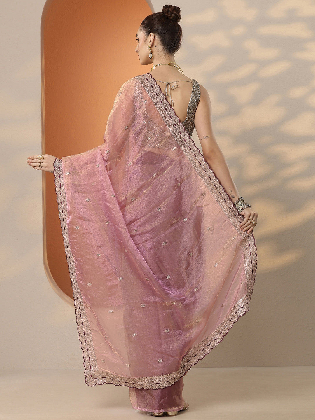  Pink Embroidered Organza Saree With Unstitched Blouse Piece 