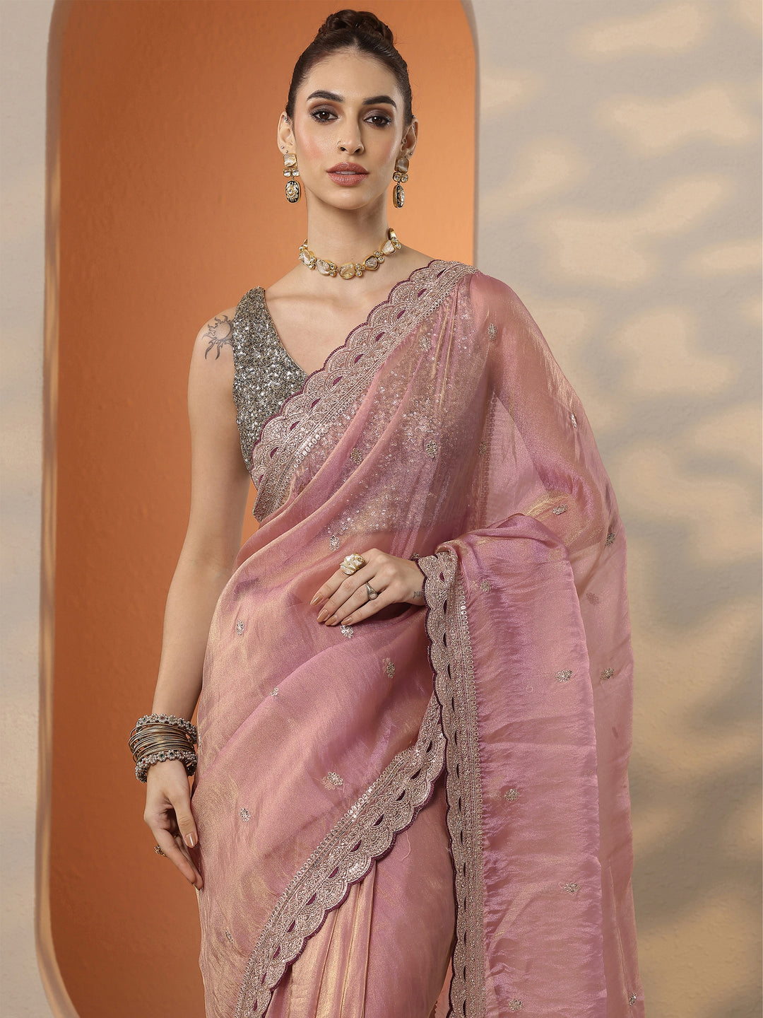  Pink Embroidered Organza Saree With Unstitched Blouse Piece 