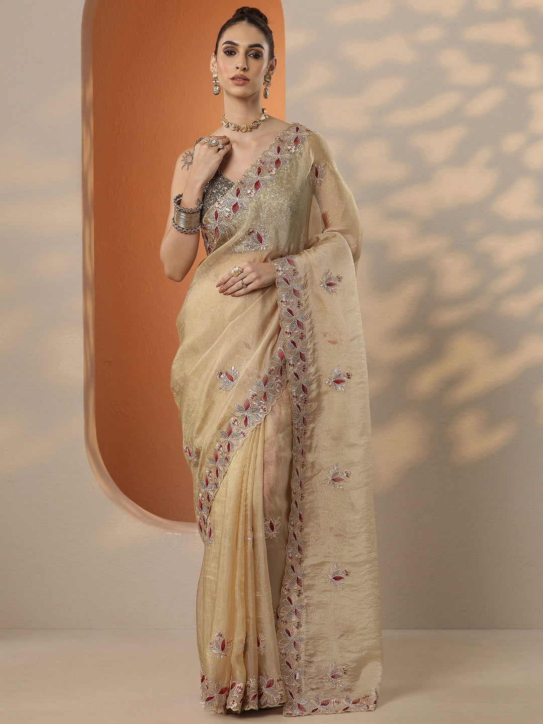  Beige Embroidered Organza Saree With Unstitched Blouse Piece 