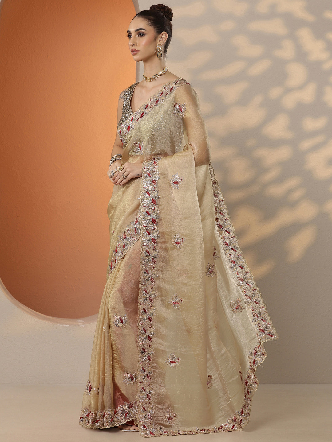  Beige Embroidered Organza Saree With Unstitched Blouse Piece 