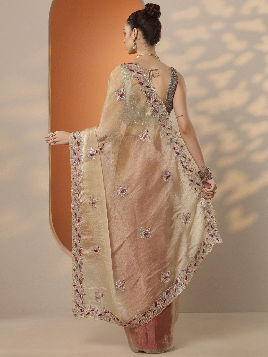  Beige Embroidered Organza Saree With Unstitched Blouse Piece 