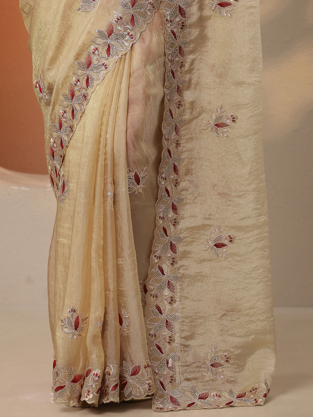  Beige Embroidered Organza Saree With Unstitched Blouse Piece 