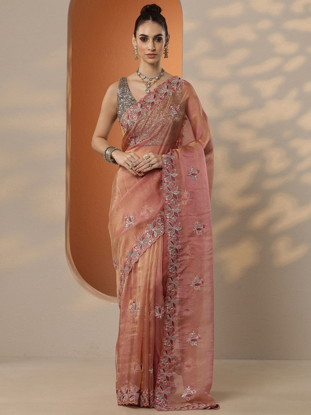  Coral Embroidered Organza Saree With Unstitched Blouse Piece 