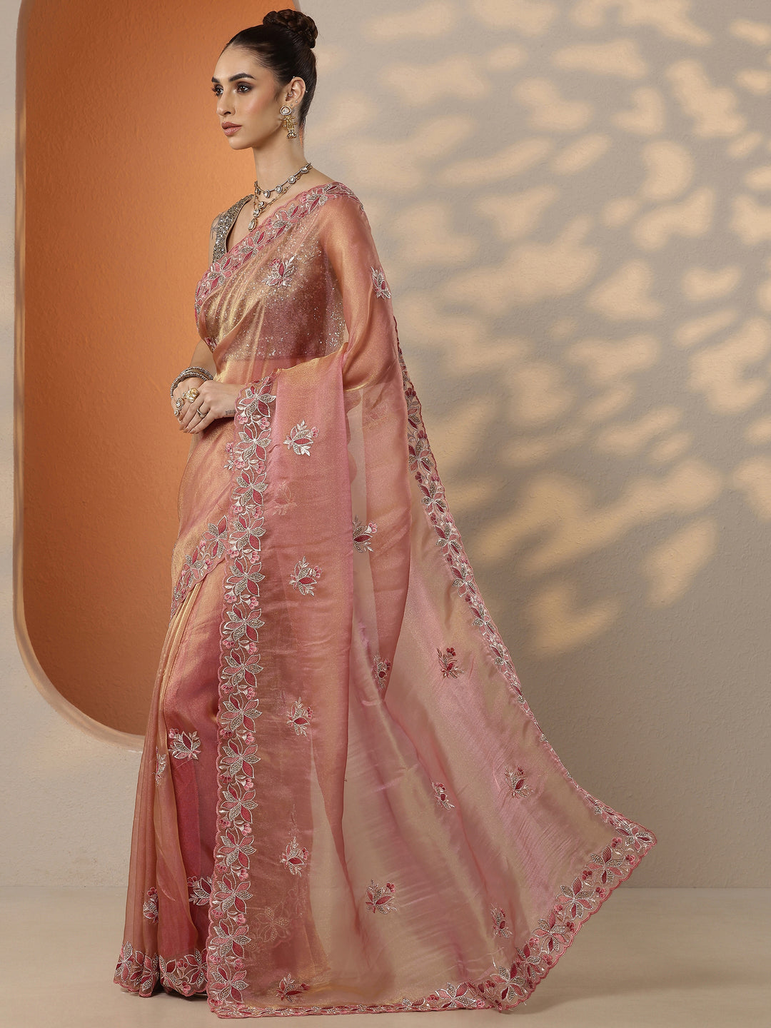  Coral Embroidered Organza Saree With Unstitched Blouse Piece 