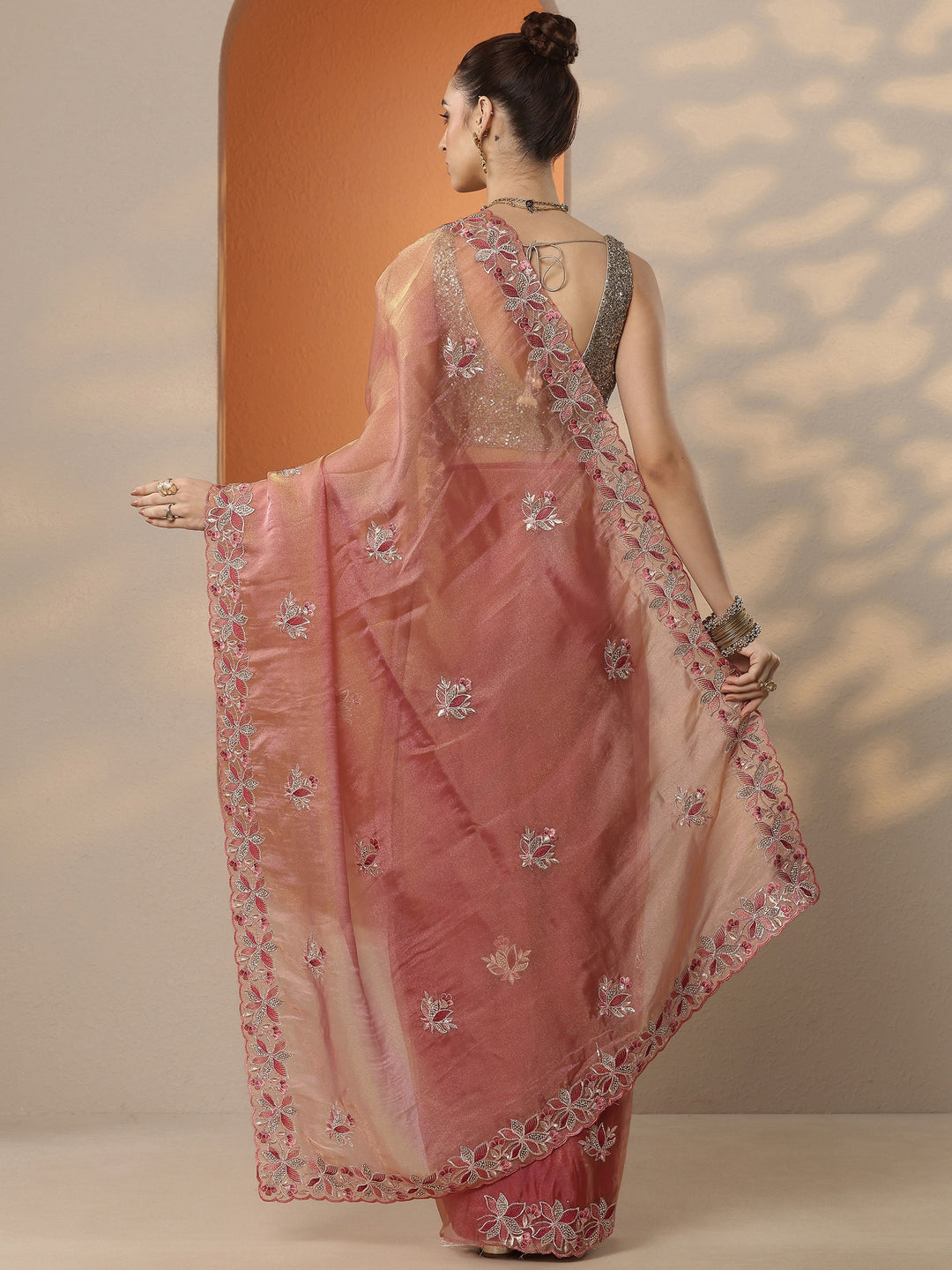  Coral Embroidered Organza Saree With Unstitched Blouse Piece 