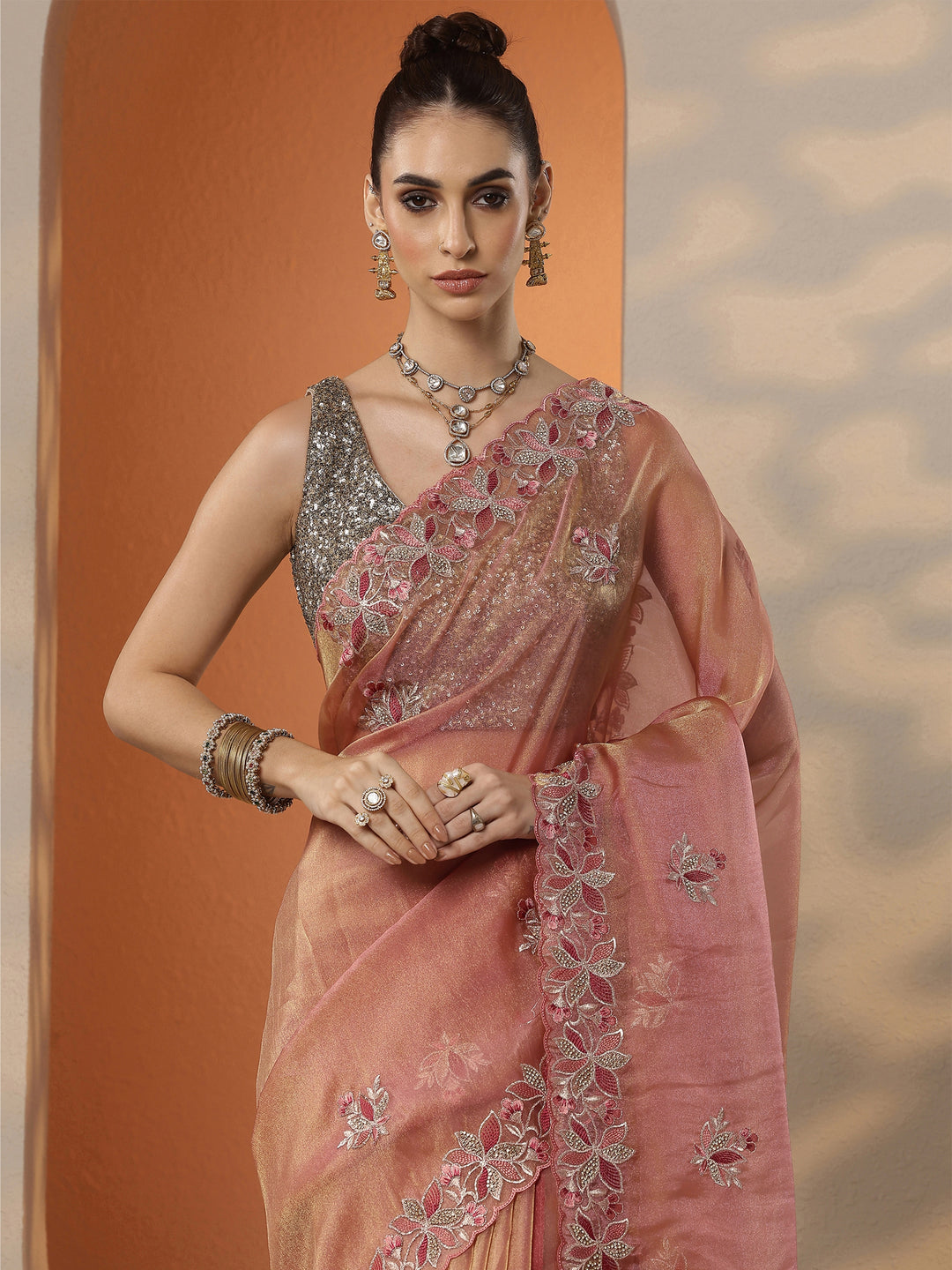  Coral Embroidered Organza Saree With Unstitched Blouse Piece 