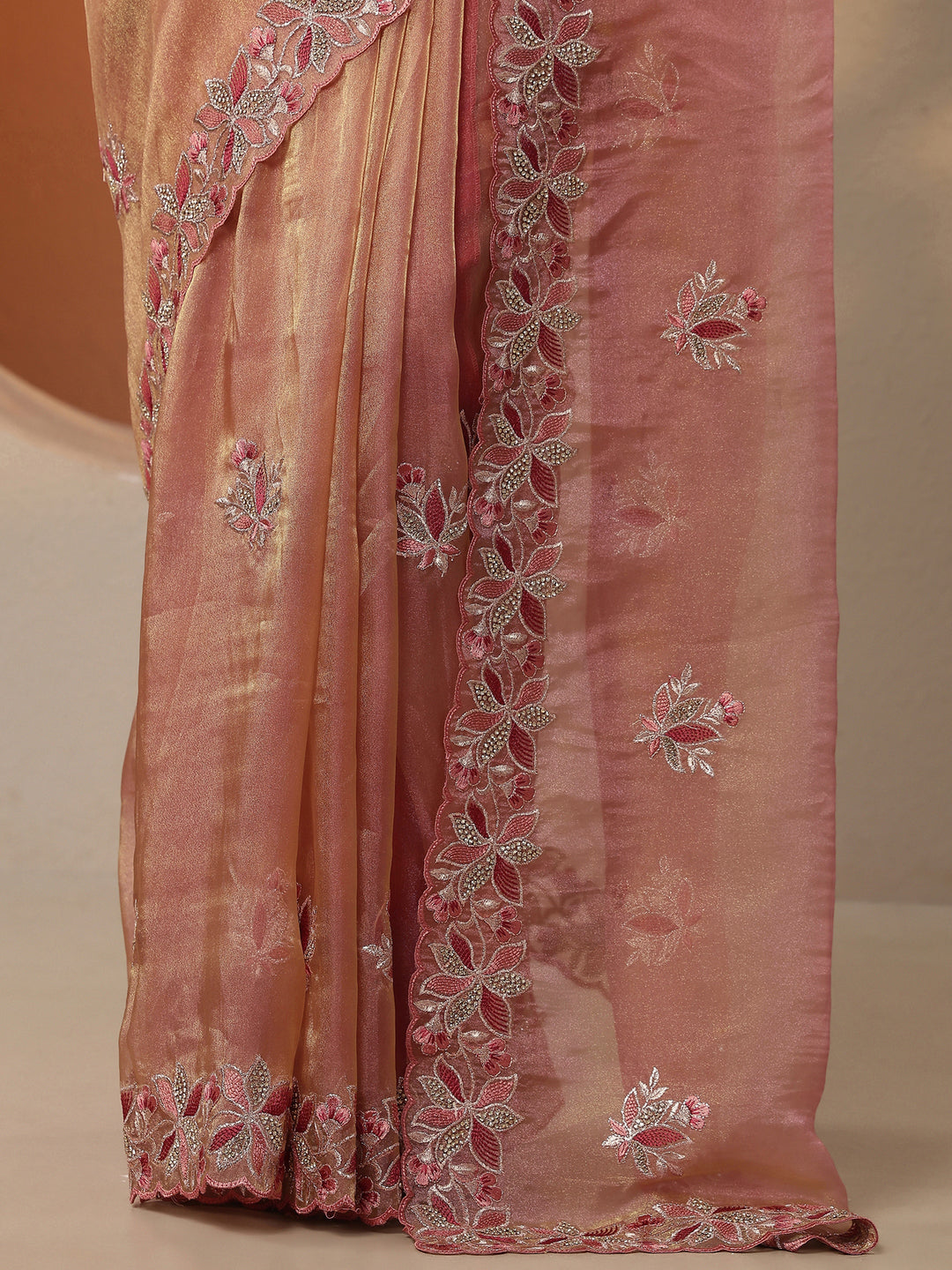  Coral Embroidered Organza Saree With Unstitched Blouse Piece 