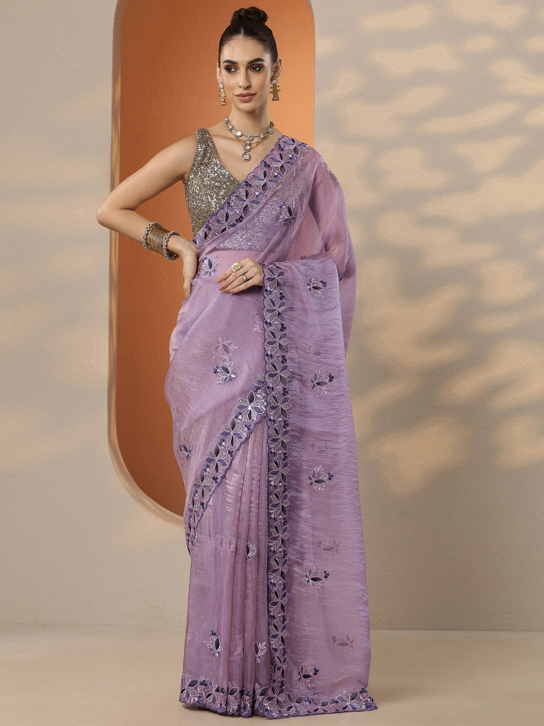  Lavender Embroidered Organza Saree With Unstitched Blouse Piece 
