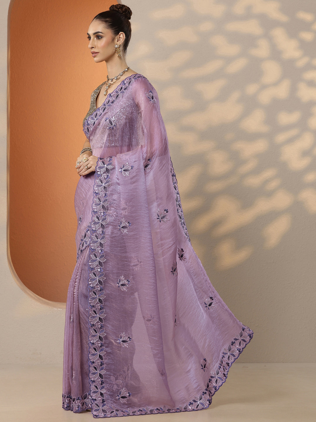  Lavender Embroidered Organza Saree With Unstitched Blouse Piece 