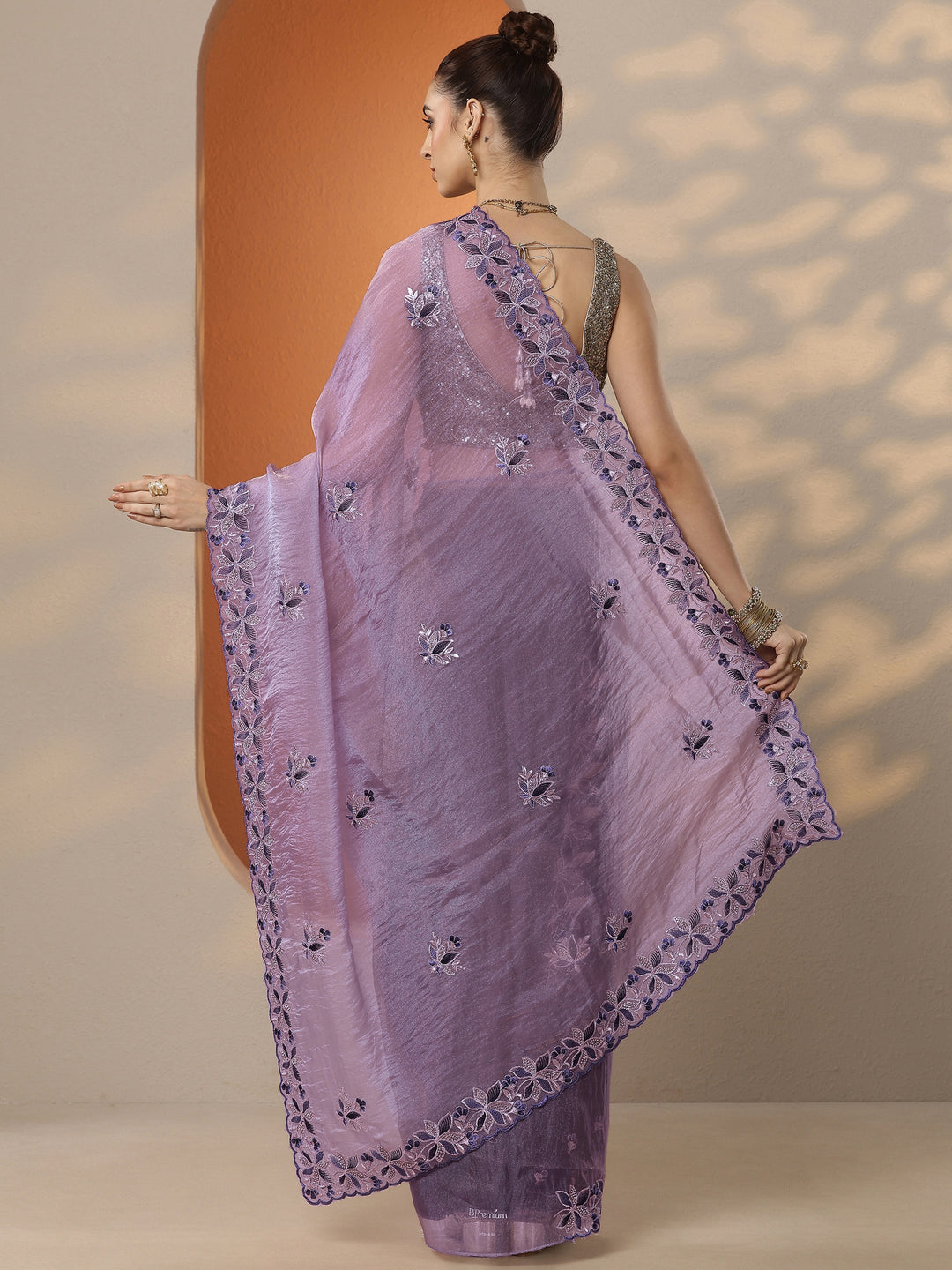  Lavender Embroidered Organza Saree With Unstitched Blouse Piece 