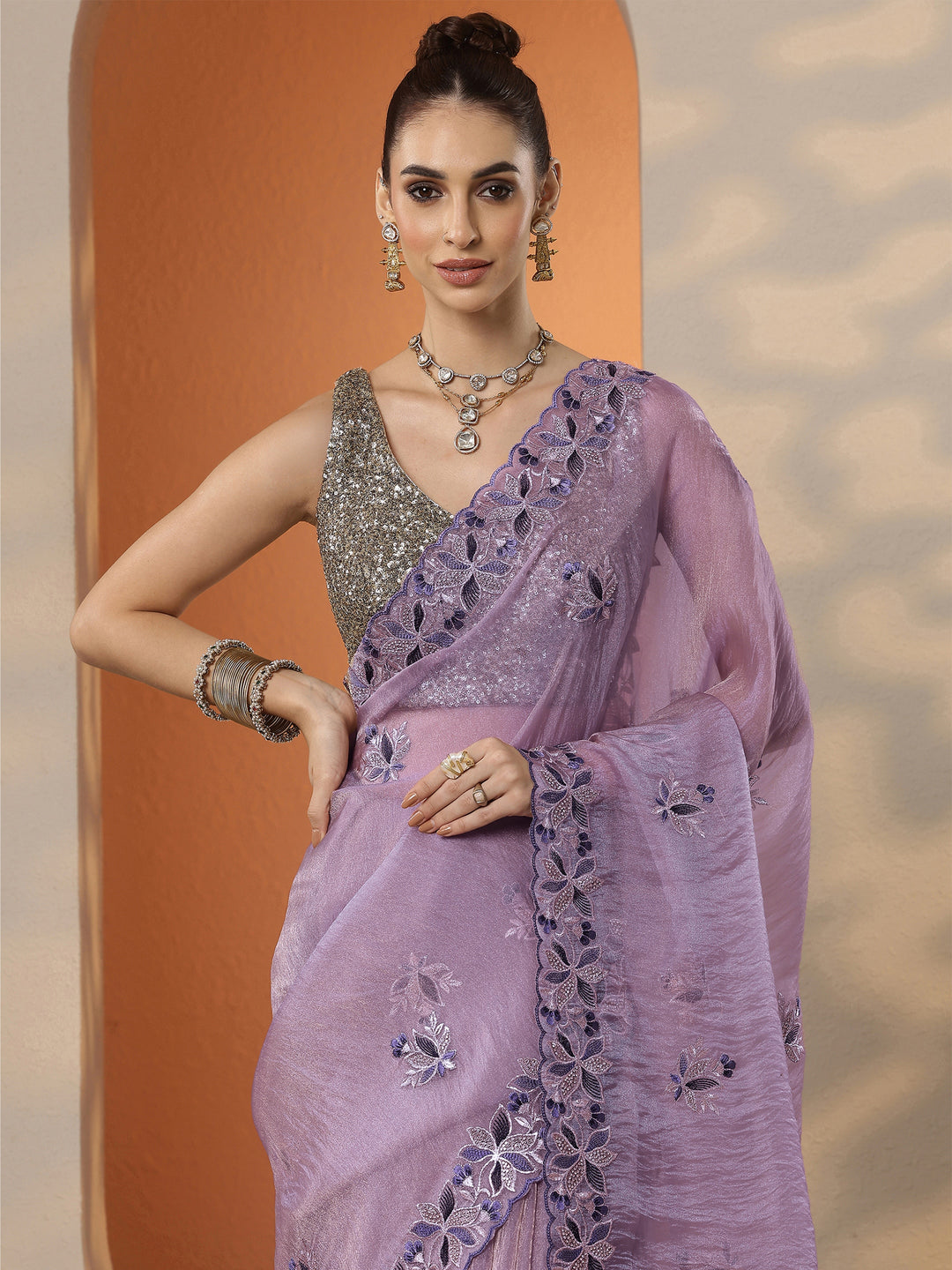 Lavender Embroidered Organza Saree With Unstitched Blouse Piece 