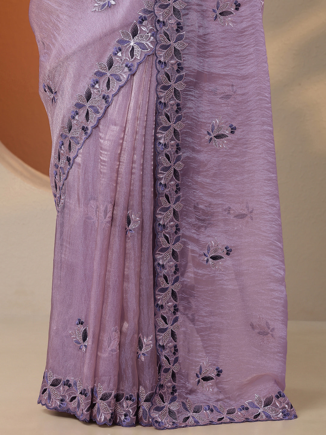  Lavender Embroidered Organza Saree With Unstitched Blouse Piece 