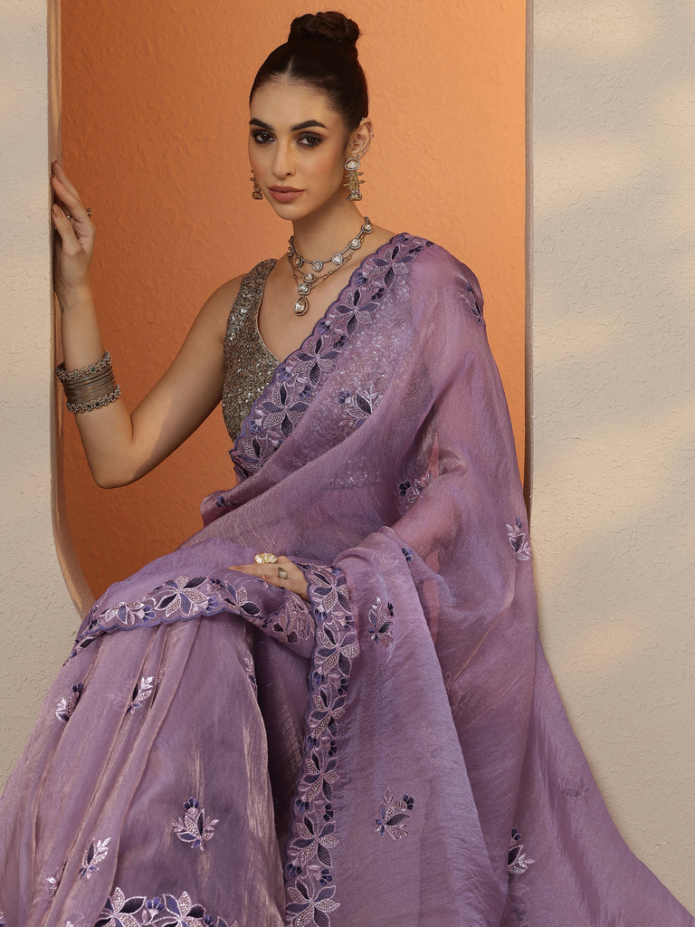 Libas Lavender Embroidered Organza Saree With Unstitched Blouse Piece