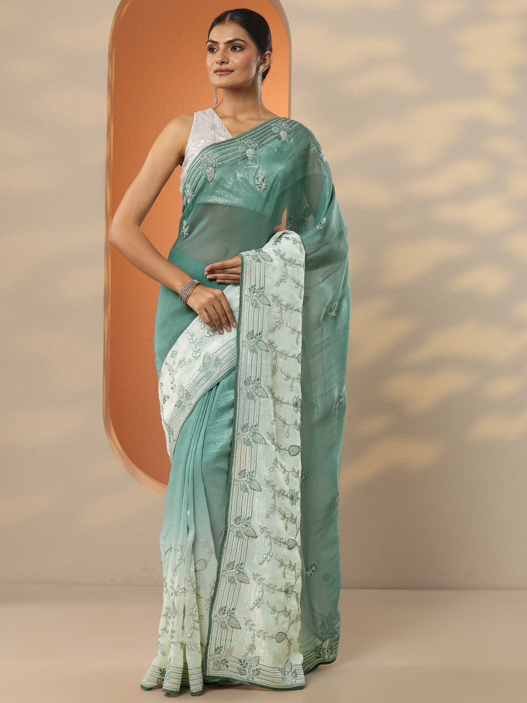  Green Embellished Organza Saree With Unstitched Blouse Piece 