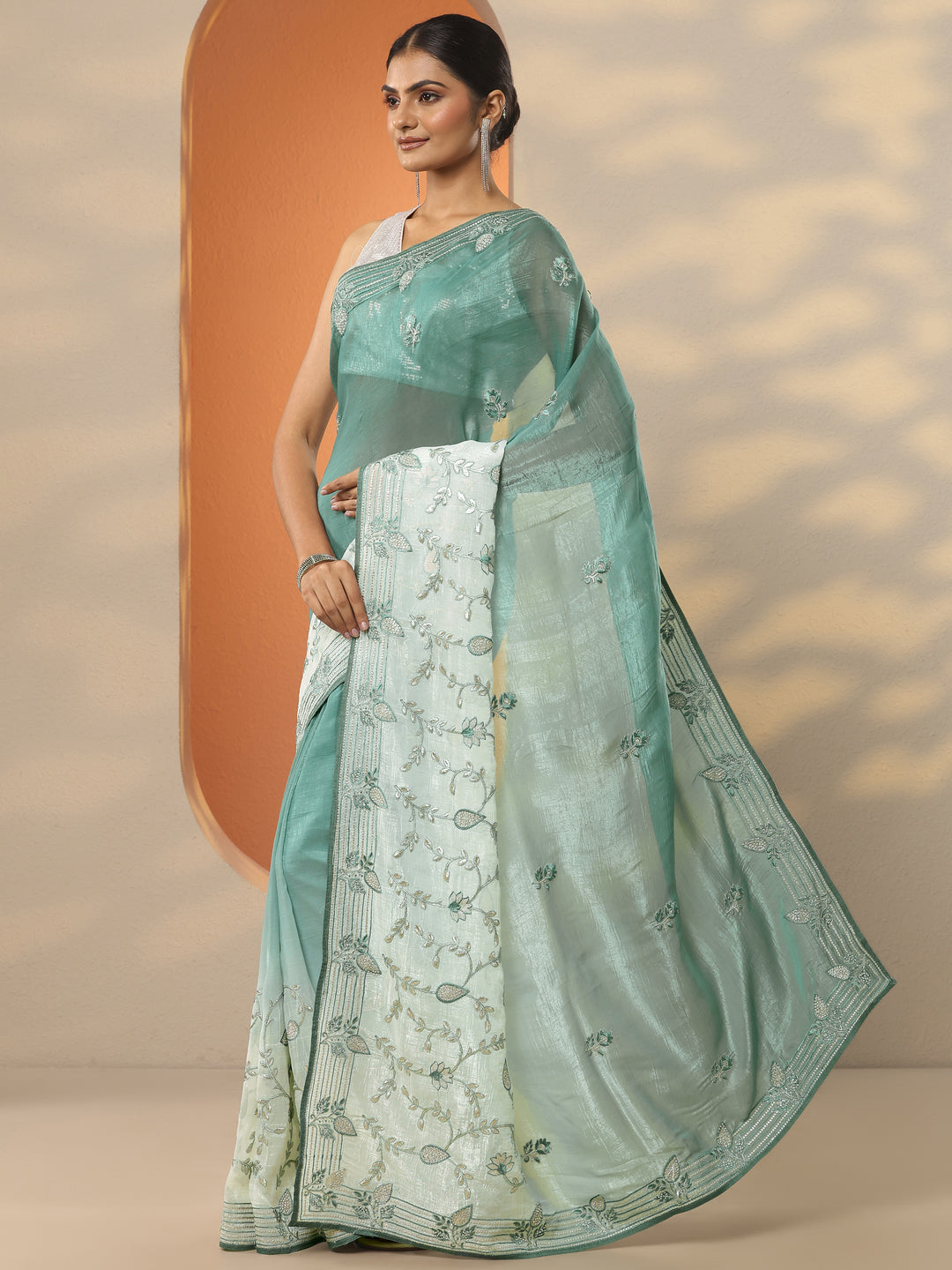  Green Embellished Organza Saree With Unstitched Blouse Piece 