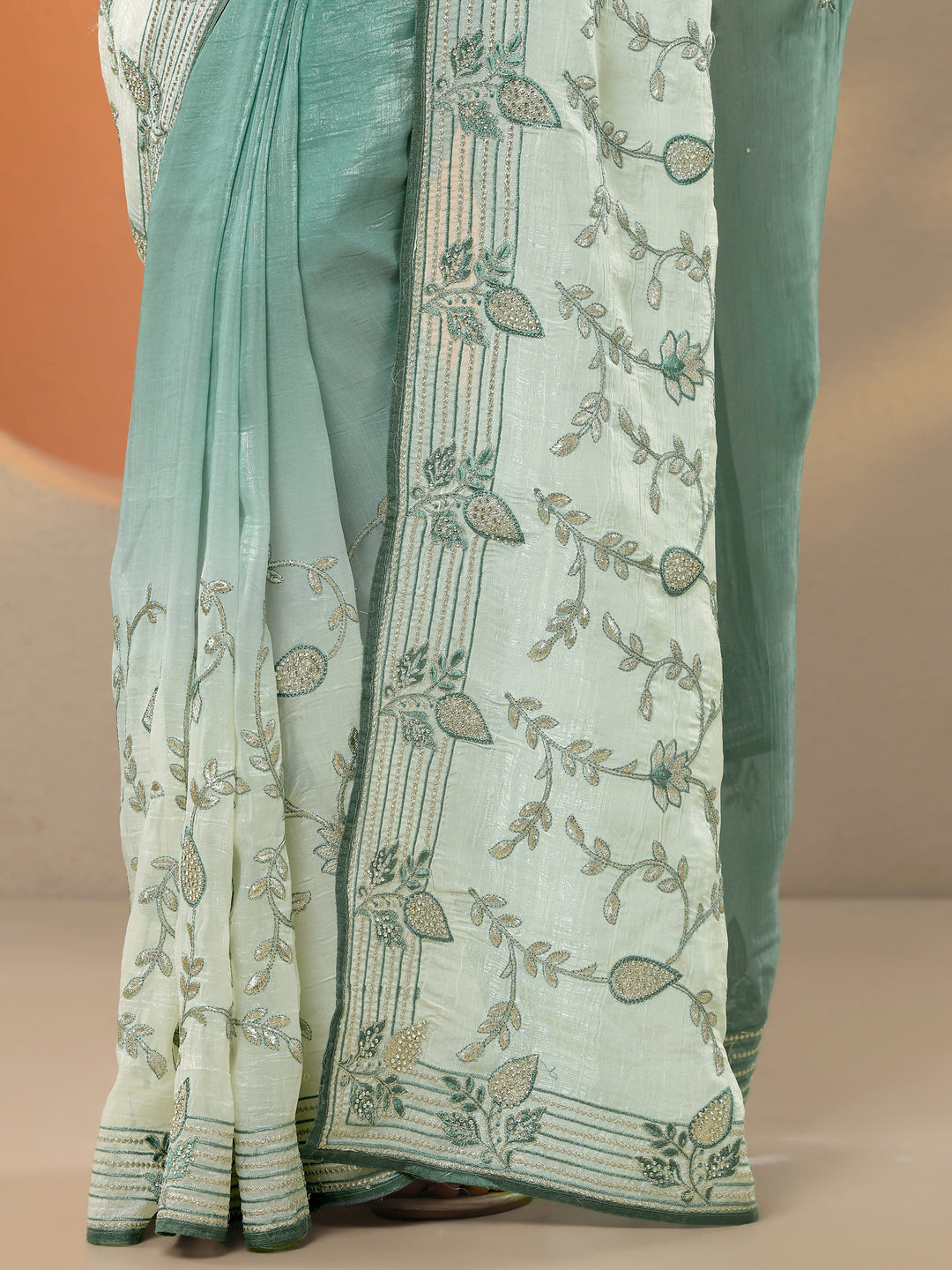  Green Embellished Organza Saree With Unstitched Blouse Piece 