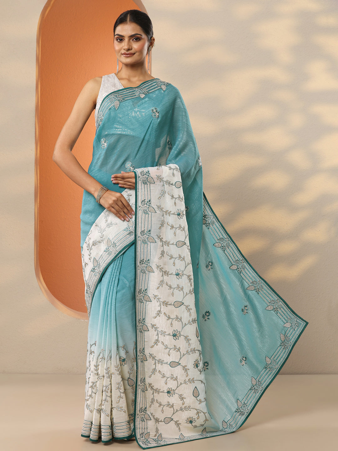  Blue Embellished Organza Saree With Unstitched Blouse Piece 