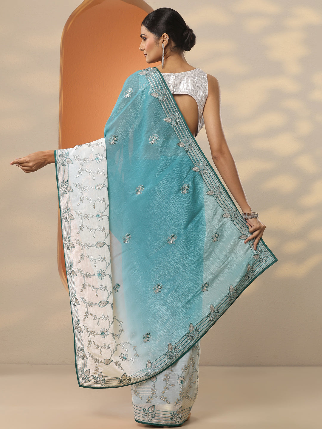  Blue Embellished Organza Saree With Unstitched Blouse Piece 