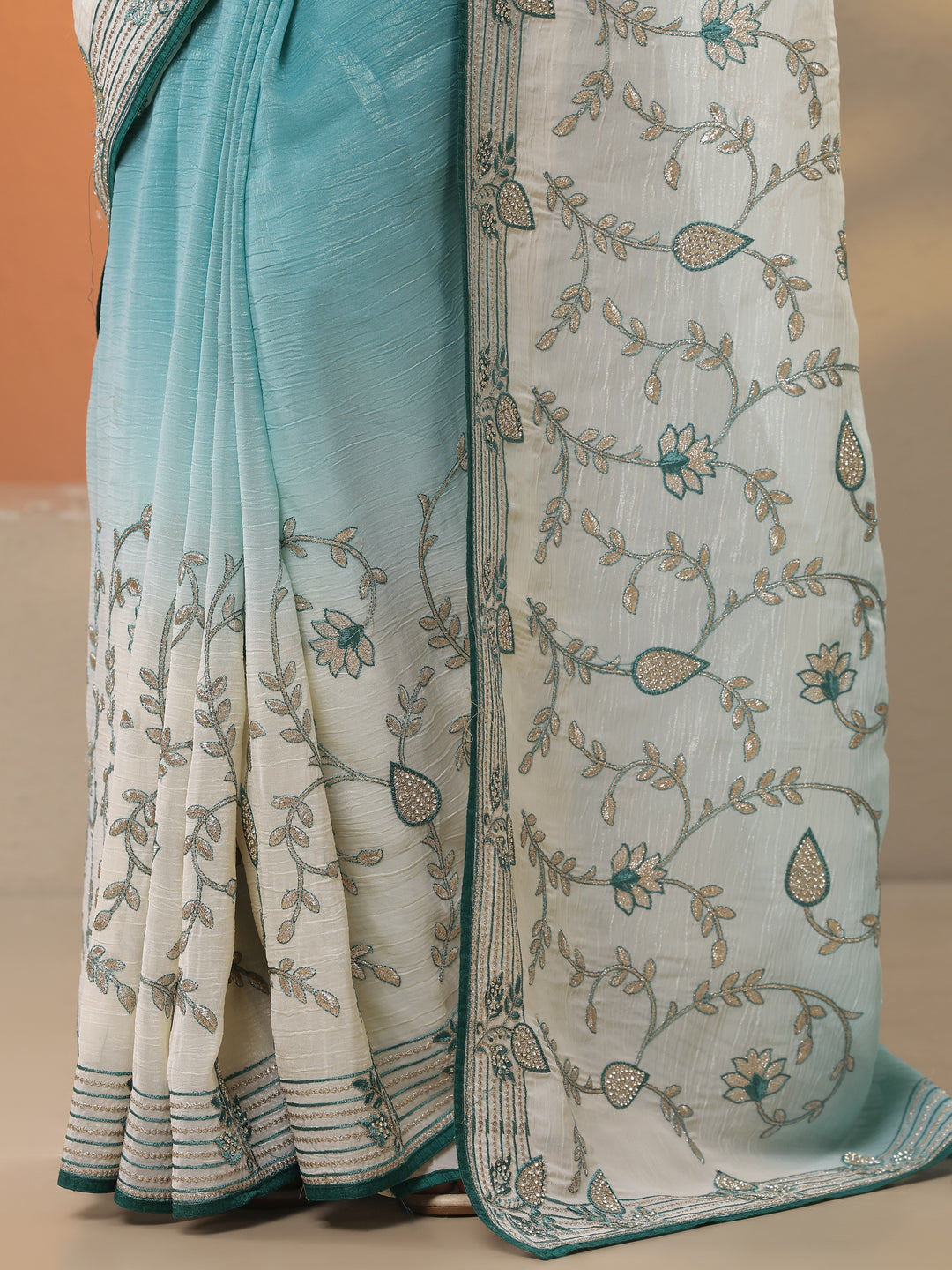  Blue Embellished Organza Saree With Unstitched Blouse Piece 