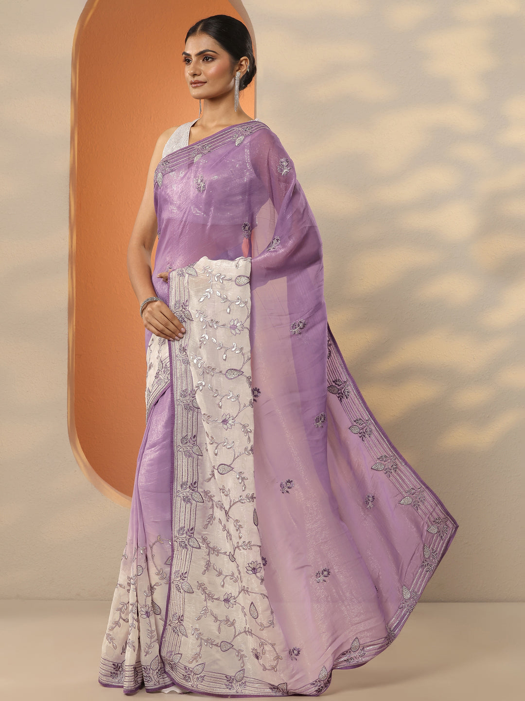  Lavender Embellished Organza Saree With Unstitched Blouse Piece 