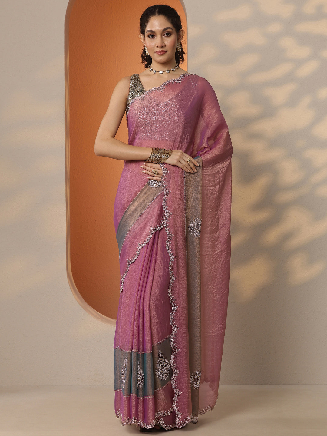  Multi Embellished Silk Blend Saree With Unstitched Blouse Piece 