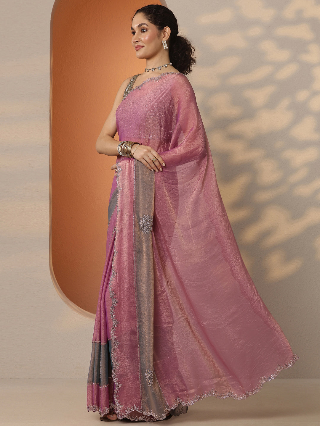  Multi Embellished Silk Blend Saree With Unstitched Blouse Piece 