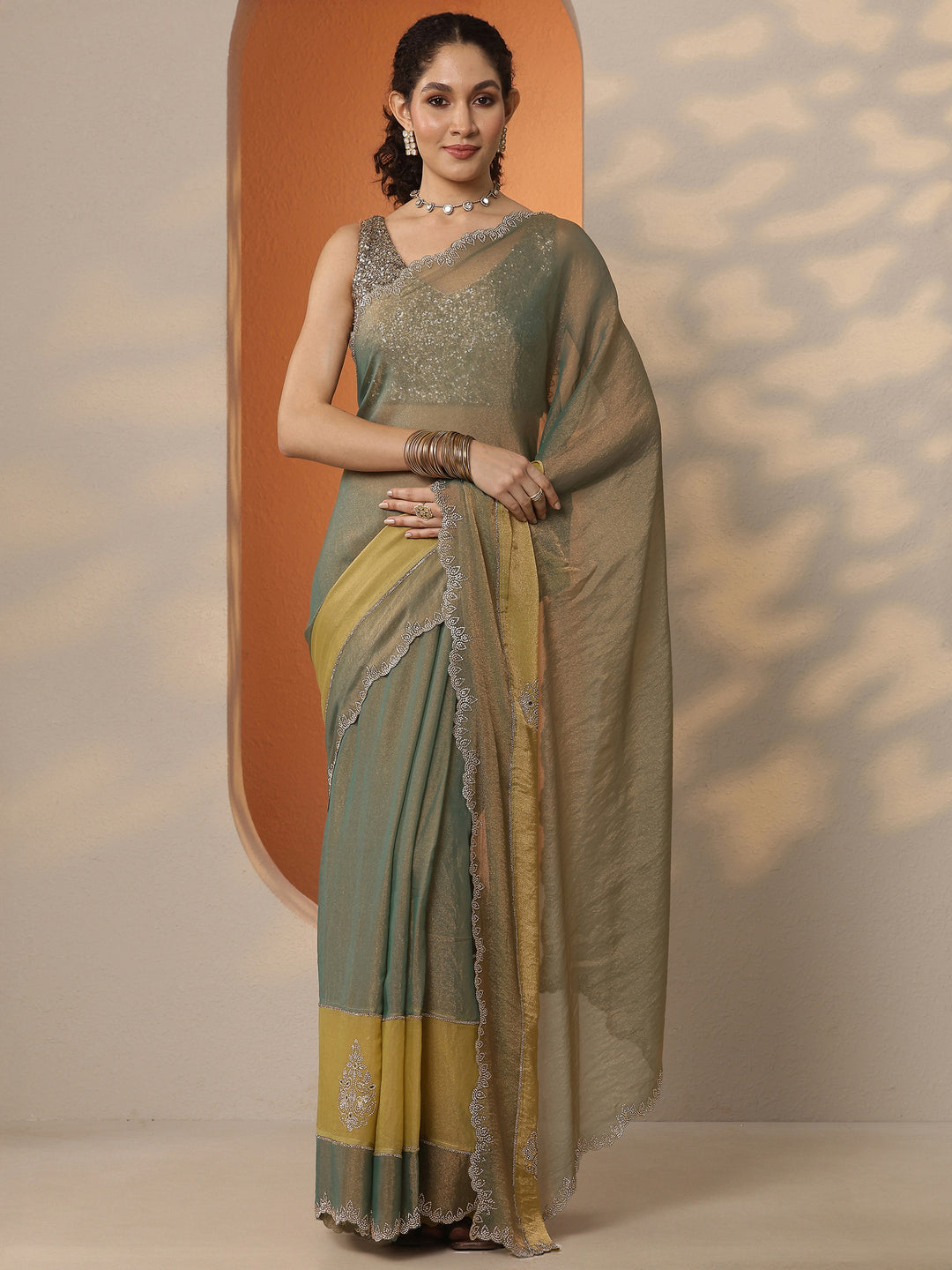  Multi Embellished Silk Blend Saree With Unstitched Blouse Piece 