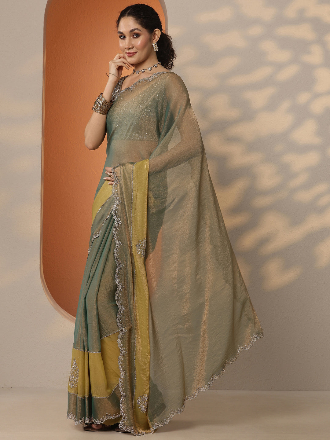  Multi Embellished Silk Blend Saree With Unstitched Blouse Piece 