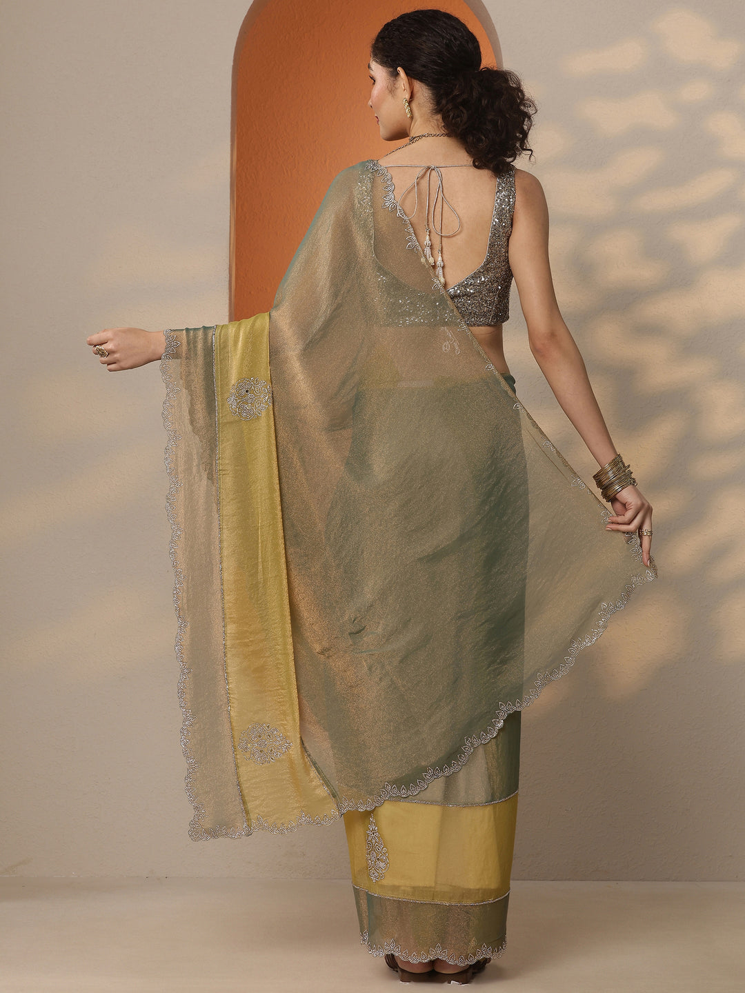  Multi Embellished Silk Blend Saree With Unstitched Blouse Piece 