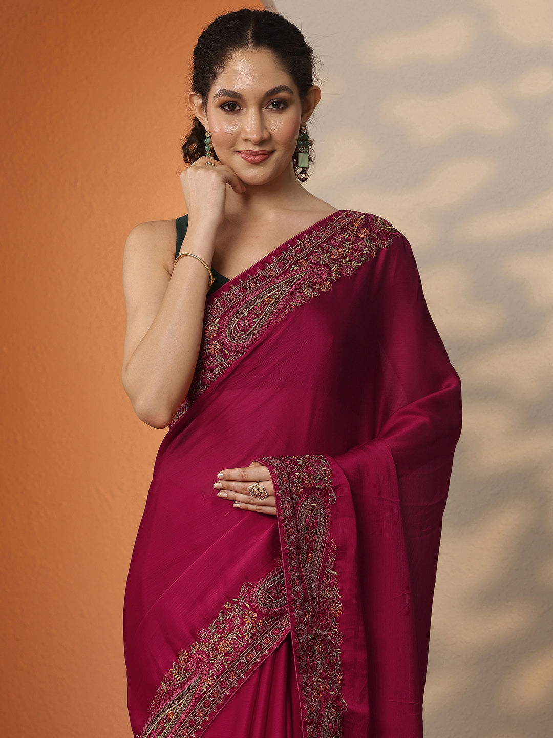  Red Solid Chiffon Saree With Unstitched Blouse Piece 