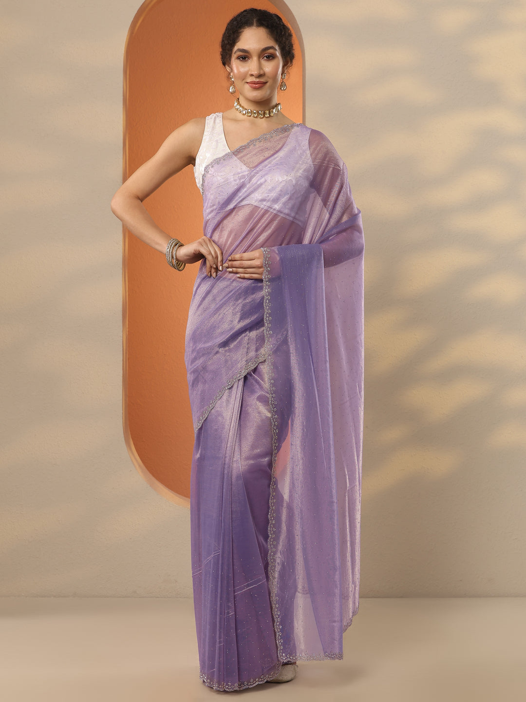  Lavender Embellished Nylon Saree With Unstitched Blouse Piece 