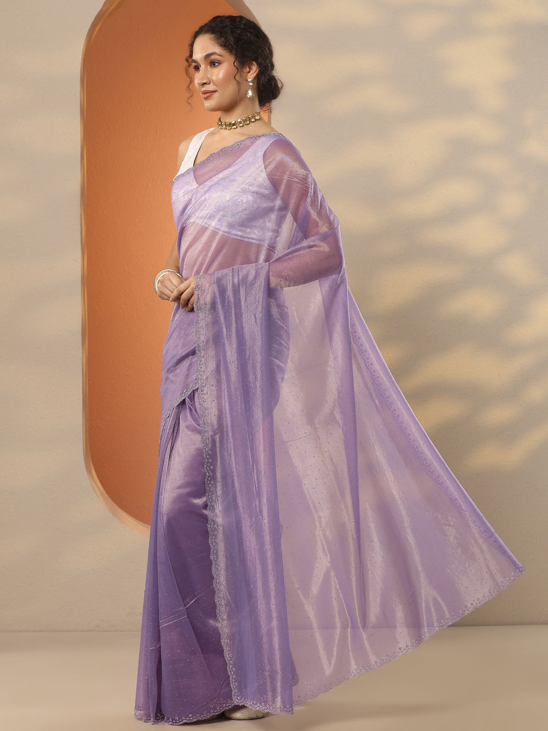  Lavender Embellished Nylon Saree With Unstitched Blouse Piece 