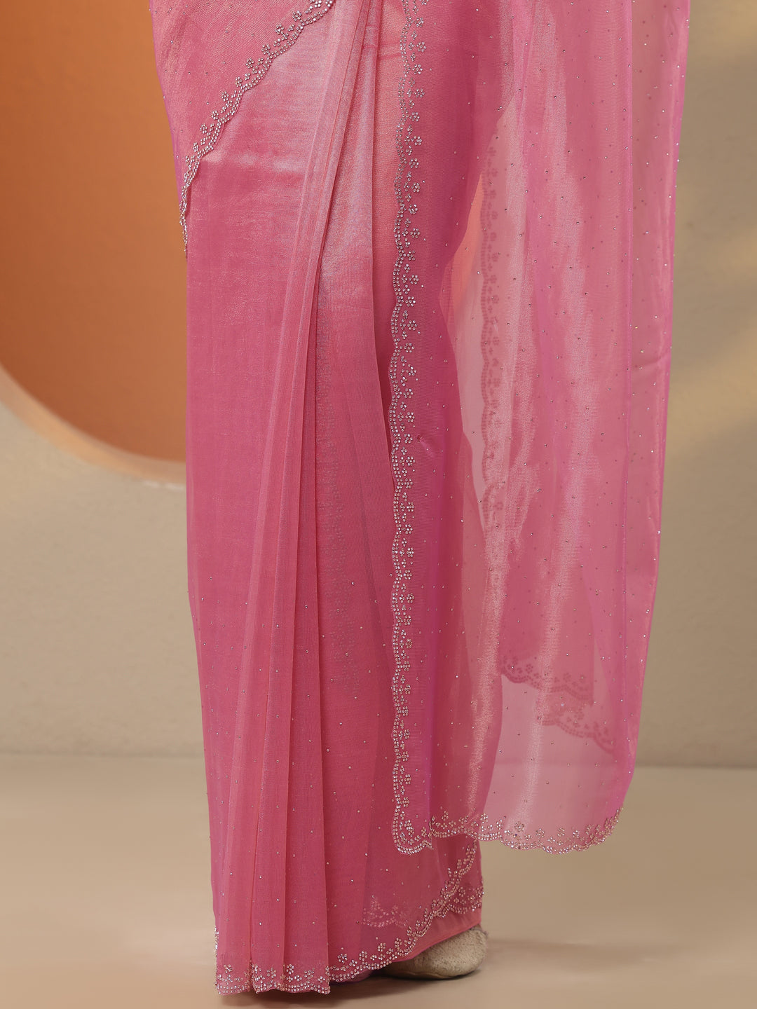  Pink Embellished Nylon Saree With Unstitched Blouse Piece 