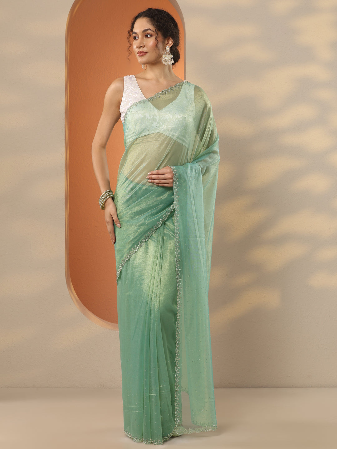  Green Embellished Nylon Saree With Unstitched Blouse Piece 