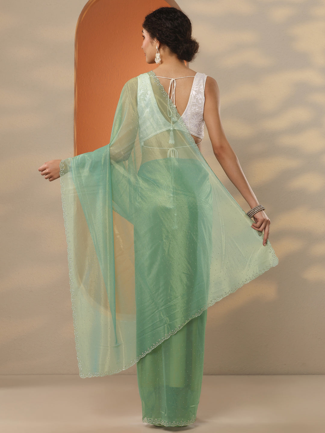  Green Embellished Nylon Saree With Unstitched Blouse Piece 