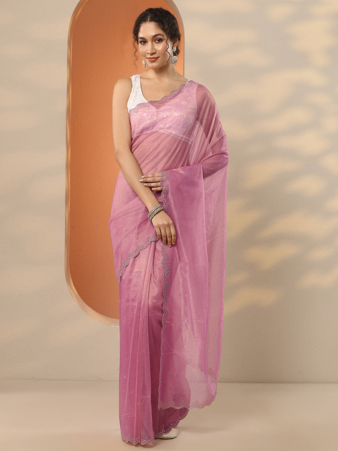  Pink Embellished Nylon Saree With Unstitched Blouse Piece 