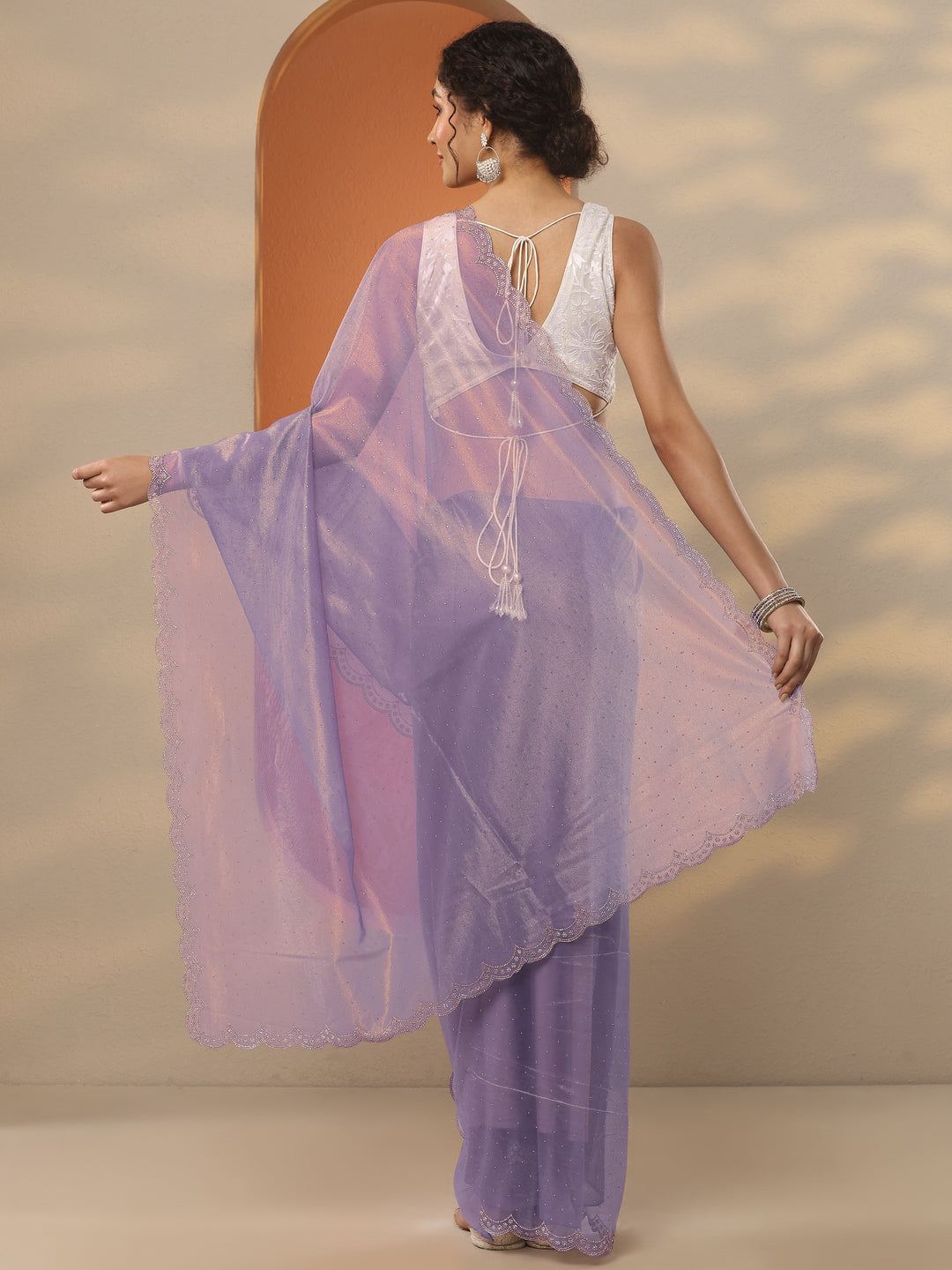  Lavender Embellished Nylon Saree With Unstitched Blouse Piece 