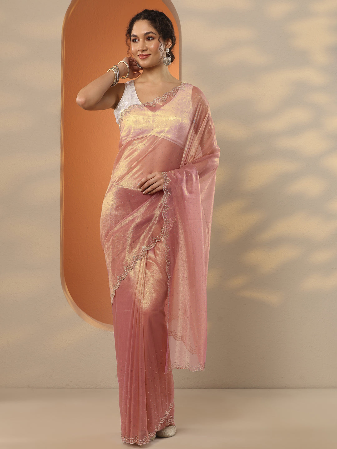  Coral Embellished Nylon Saree With Unstitched Blouse Piece 