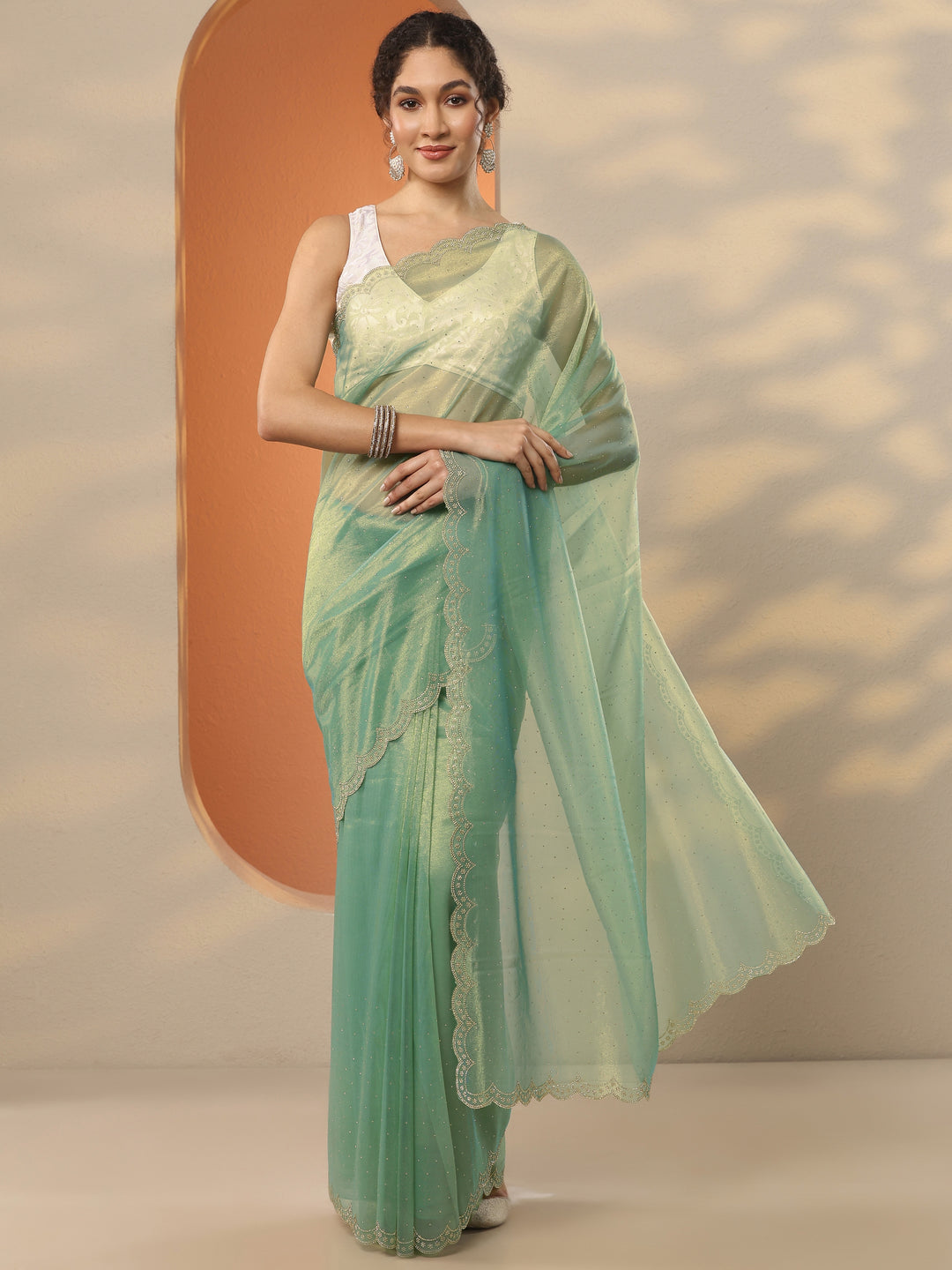  Green Embellished Nylon Saree With Unstitched Blouse Piece 
