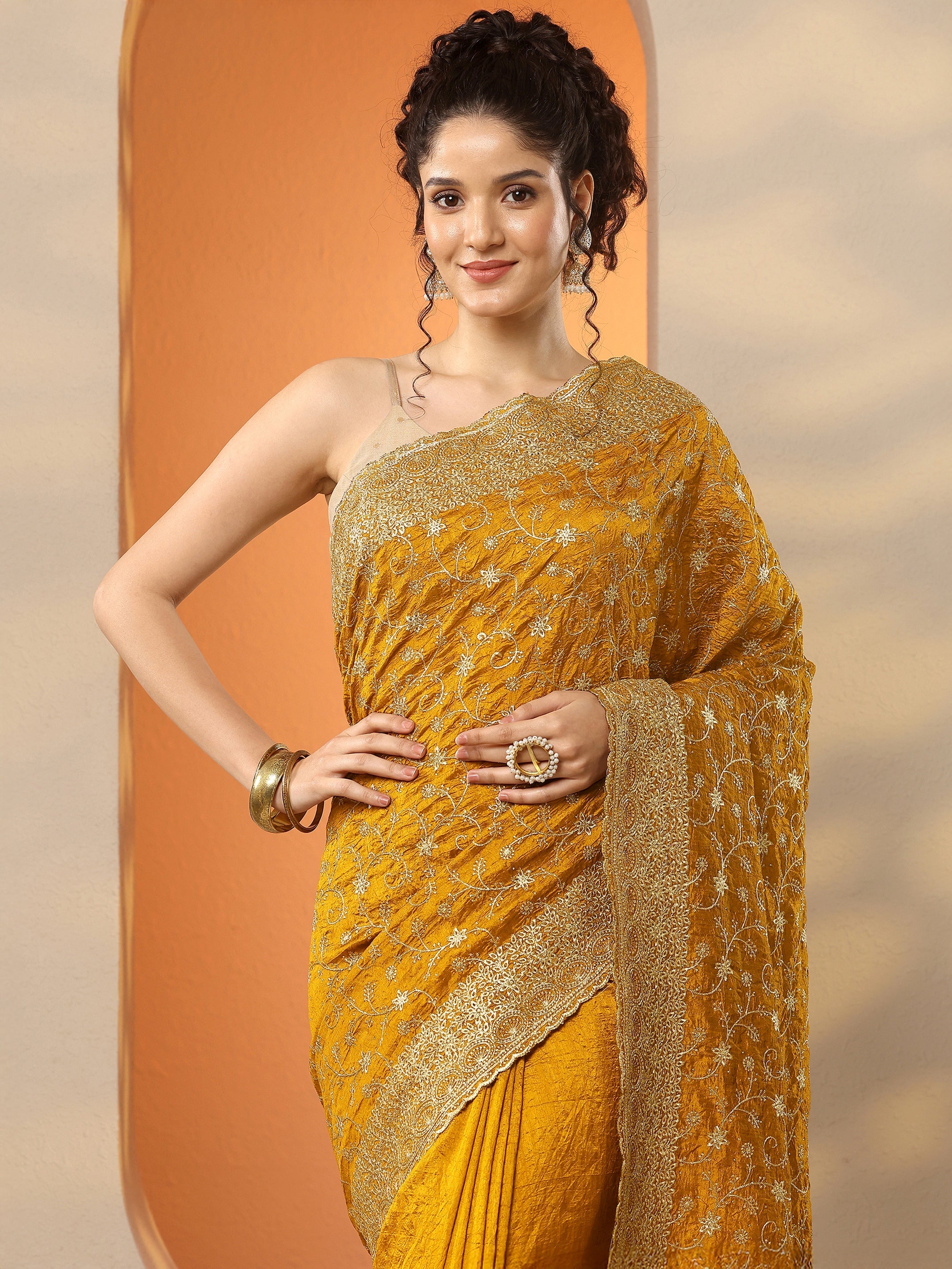 Mustard Embellished Silk Blend Saree With Unstitched Blouse Piece-image-37