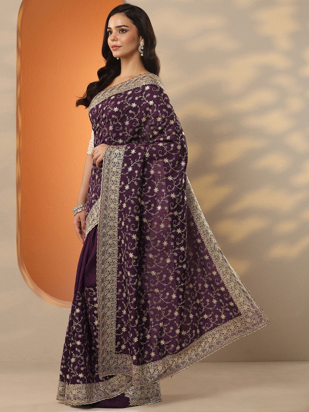  Burgundy Embellished Silk Blend Saree With Unstitched Blouse Piece 