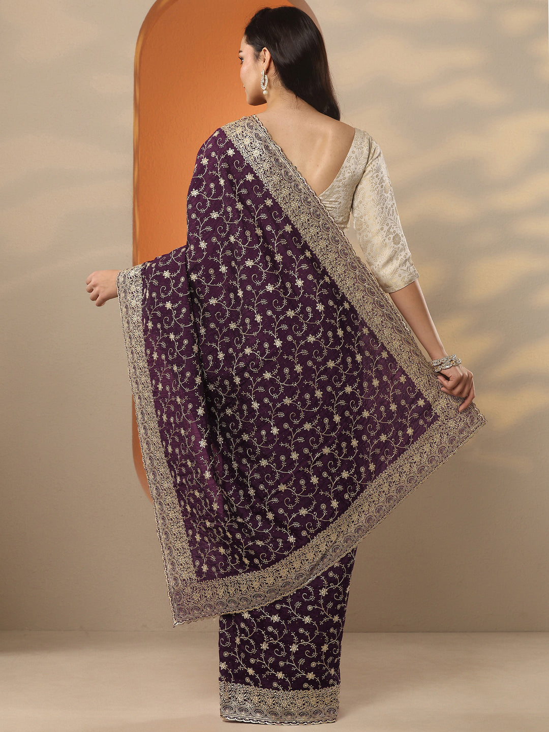  Burgundy Embellished Silk Blend Saree With Unstitched Blouse Piece 
