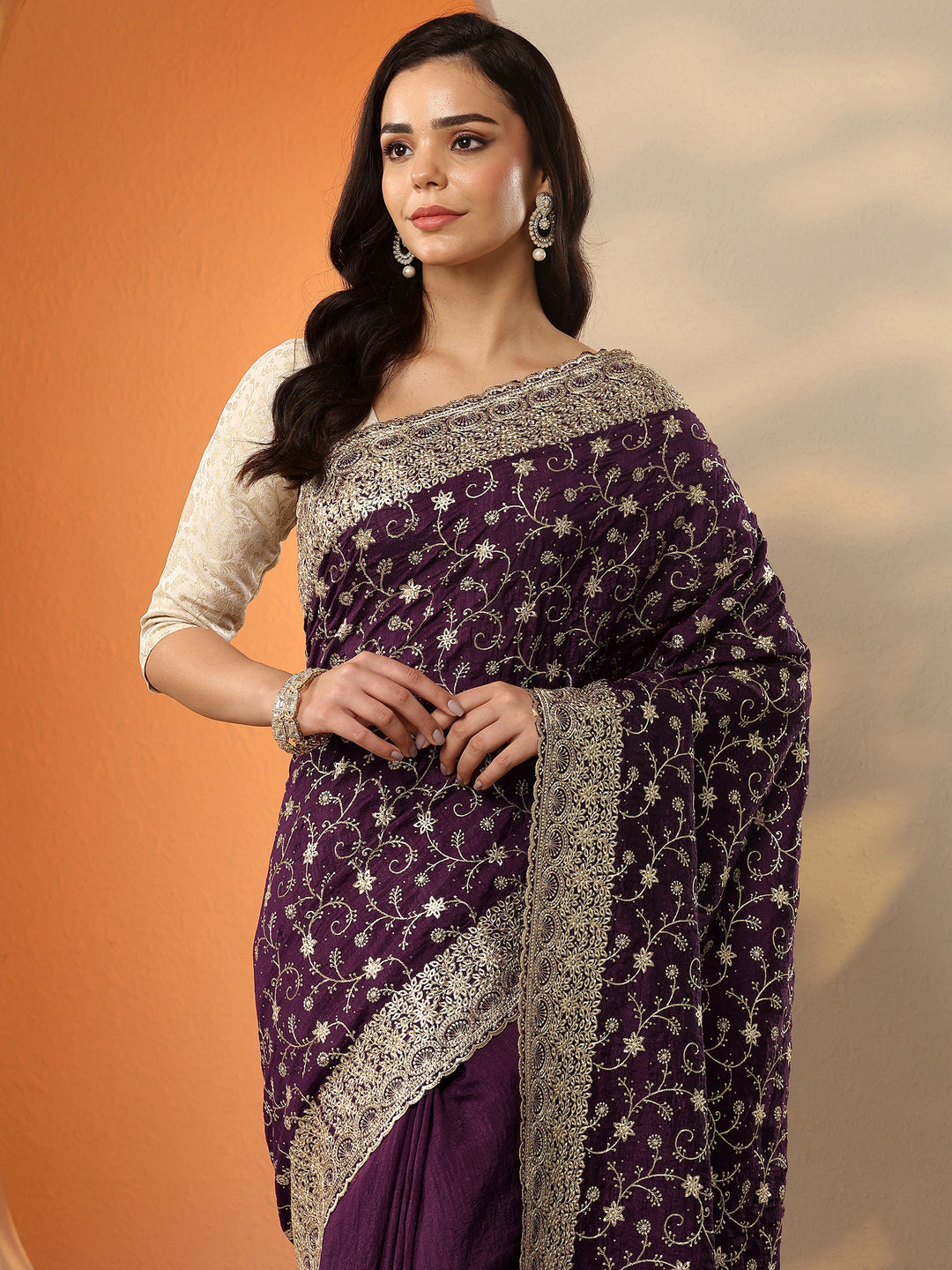  Burgundy Embellished Silk Blend Saree With Unstitched Blouse Piece 