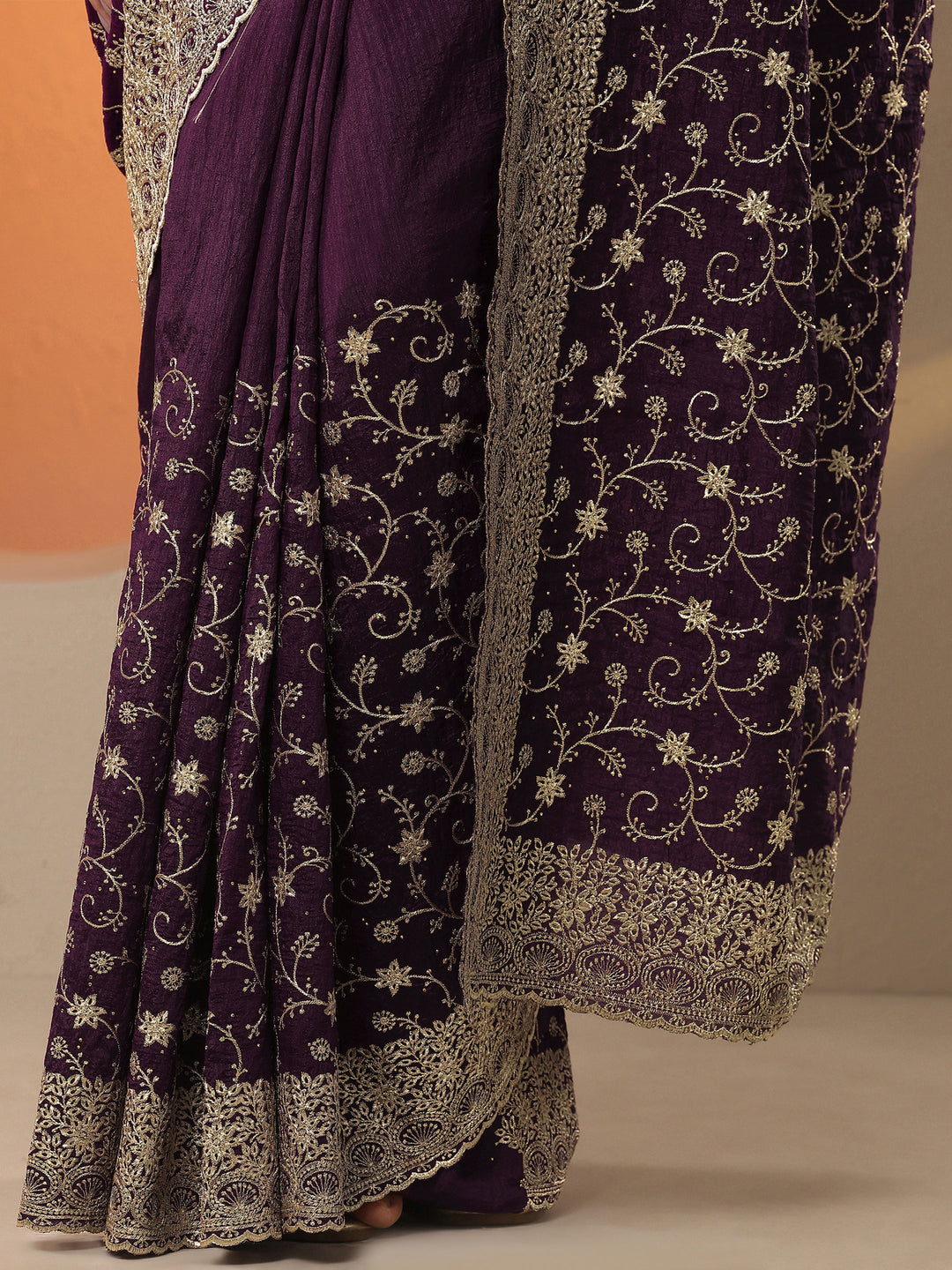  Burgundy Embellished Silk Blend Saree With Unstitched Blouse Piece 