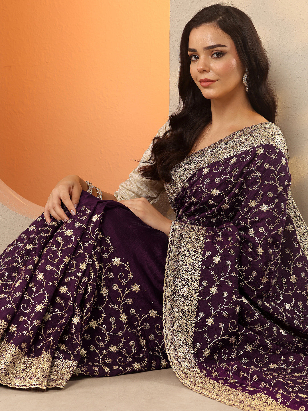  Burgundy Embellished Silk Blend Saree With Unstitched Blouse Piece 