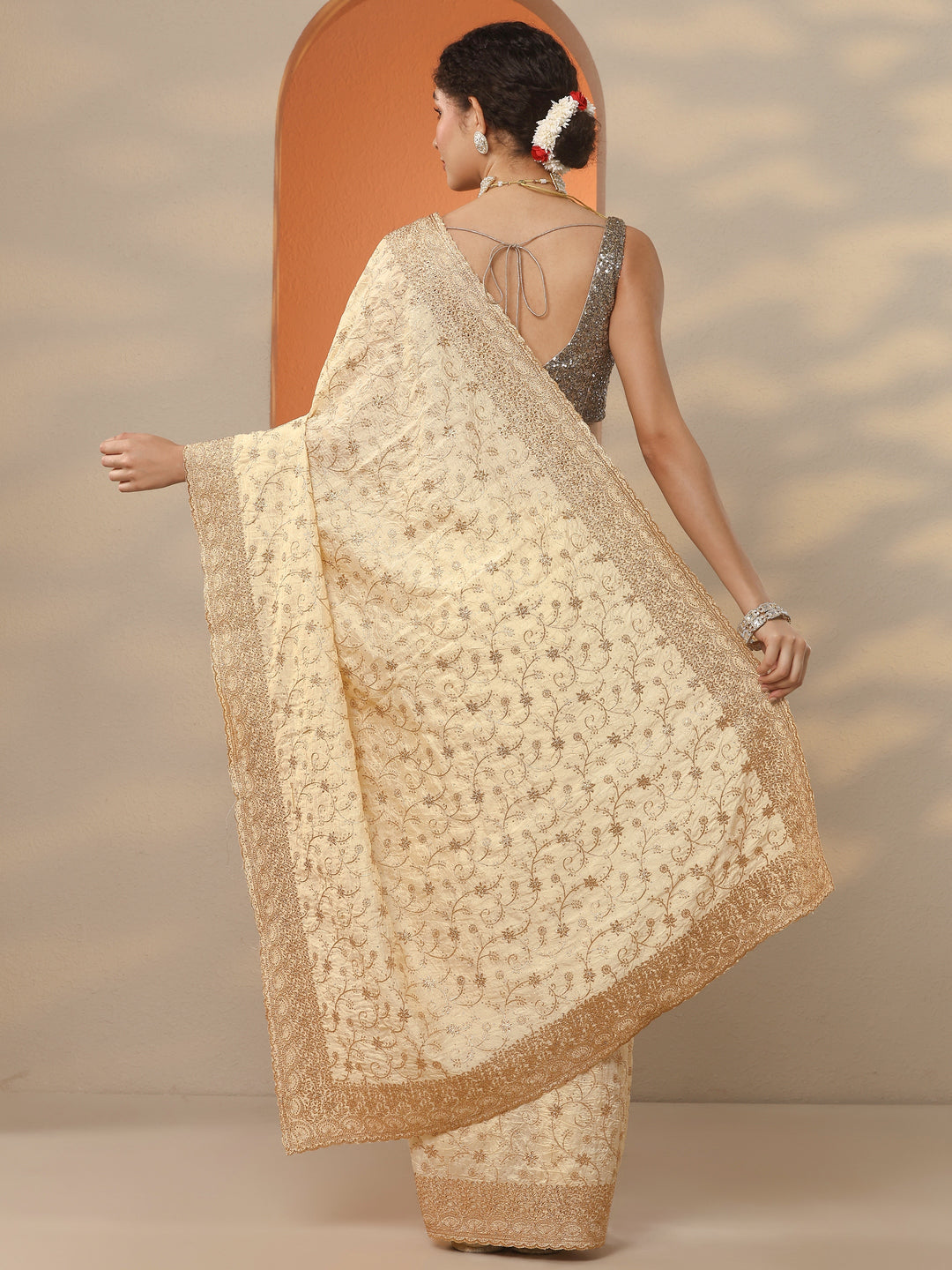  Gold Embellished Silk Blend Saree With Unstitched Blouse Piece 