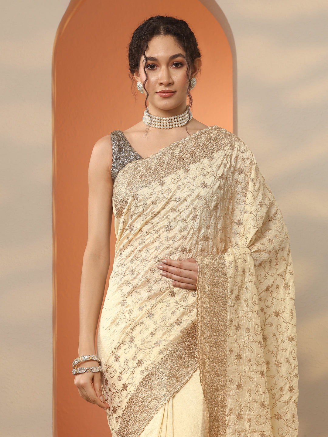  Gold Embellished Silk Blend Saree With Unstitched Blouse Piece 