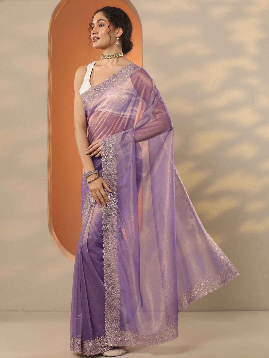  Lavender Embellished Nylon Saree With Unstitched Blouse Piece 