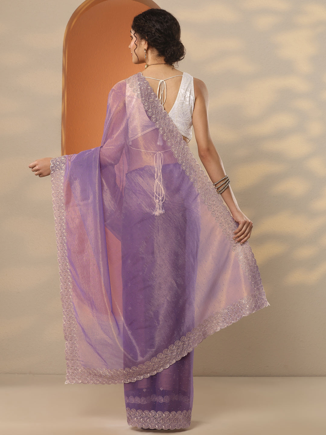  Lavender Embellished Nylon Saree With Unstitched Blouse Piece 