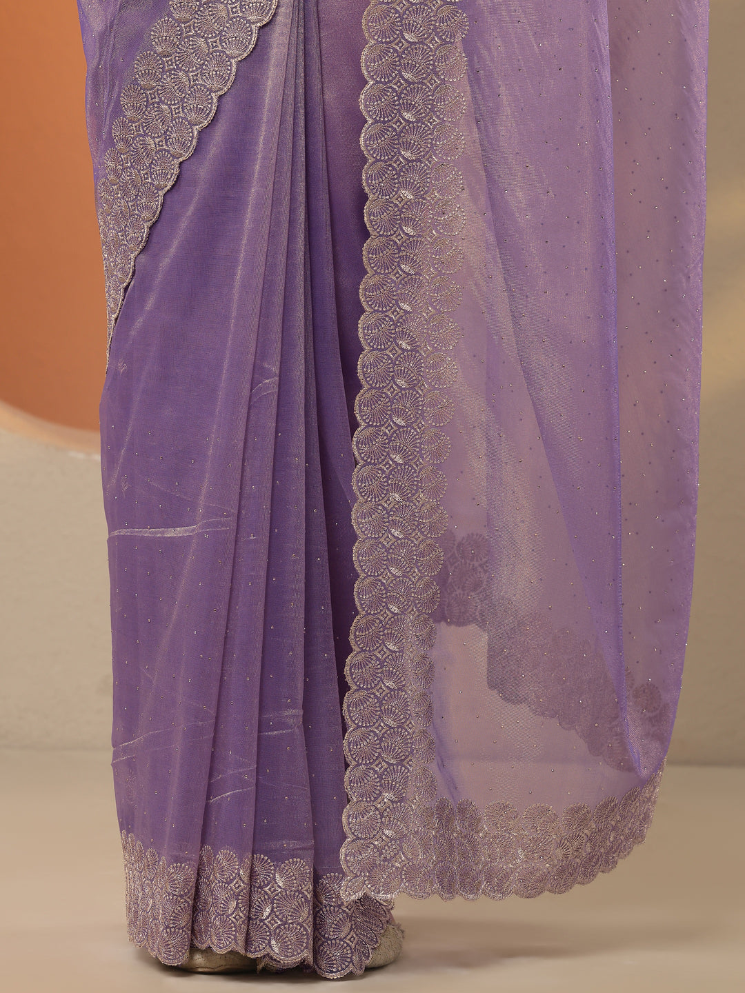  Lavender Embellished Nylon Saree With Unstitched Blouse Piece 